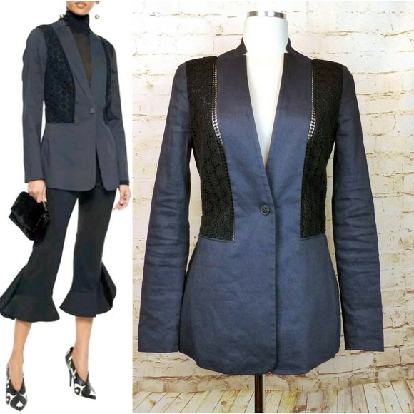 Elie Tahari Bonnie Blue Linen Blend Floral Crochet Lace Panel Blazer US 2 $448